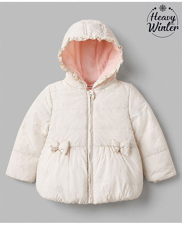 Babyhug Woven Full Sleeves Hooded Padded Winter Jacket with Bow Applique - White