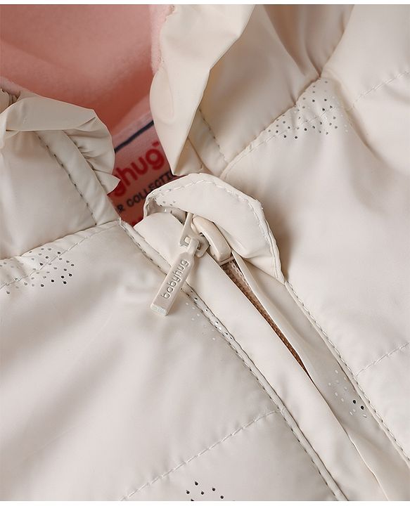 Babyhug Woven Full Sleeves Hooded Padded Winter Jacket with Bow Applique - White