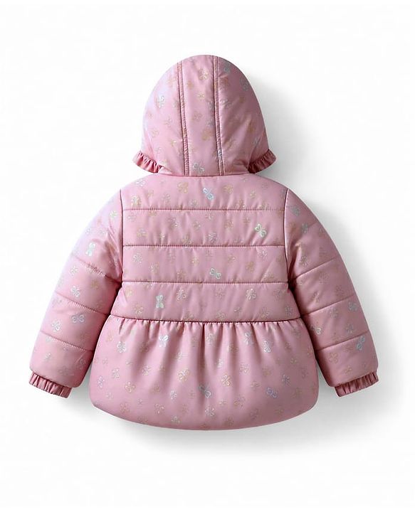 Babyhug Woven Full Sleeves Hooded Padded Jacket with Bow Applique & Print - Pink
