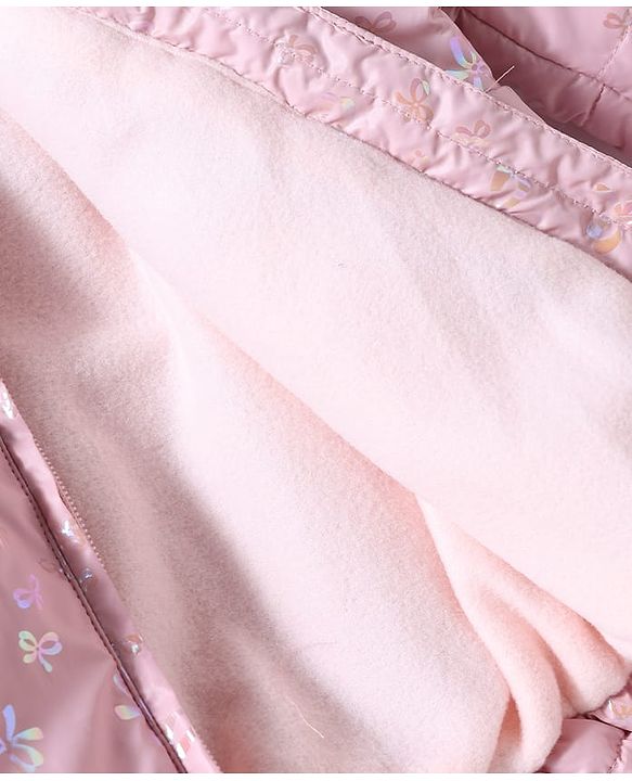 Babyhug Woven Full Sleeves Hooded Padded Jacket with Bow Applique & Print - Pink