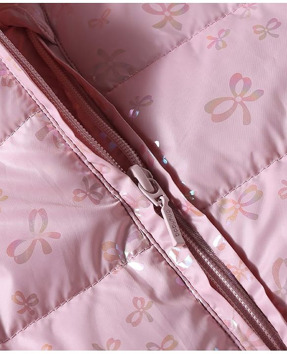Babyhug Woven Full Sleeves Hooded Padded Jacket with Bow Applique & Print - Pink
