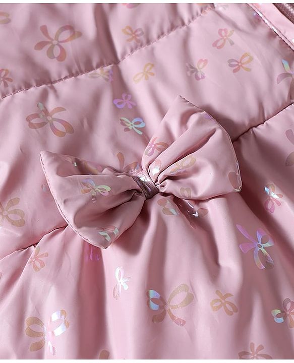 Babyhug Woven Full Sleeves Hooded Padded Jacket with Bow Applique & Print - Pink