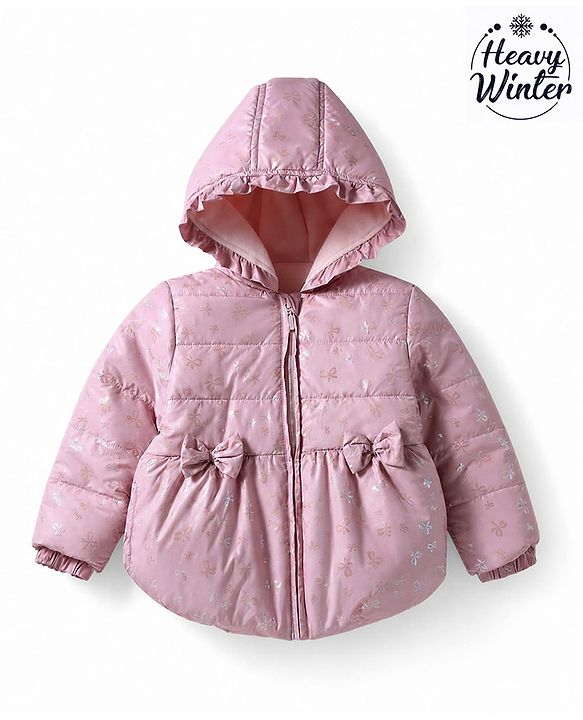 Babyhug Woven Full Sleeves Hooded Padded Jacket with Bow Applique & Print - Pink