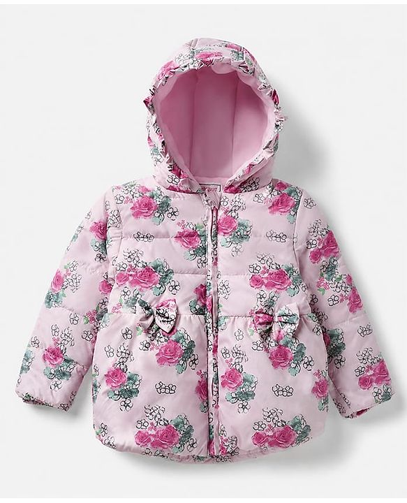 Babyhug Woven Padded/Quilted/ Winter Jacket with Full Sleeves and Floral Print in White