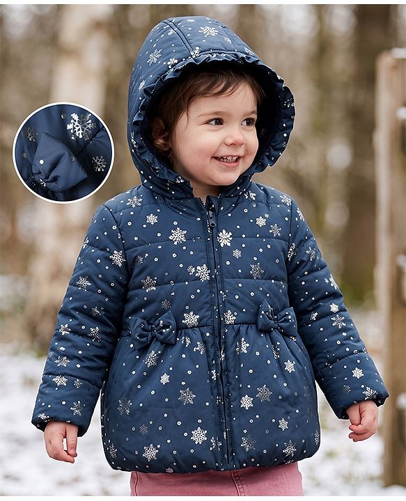 Babyhug Woven Full Sleeves Padded Hooded Winter Jacket with Snowflakes Foil Print & Bow Applique - Navy Blue