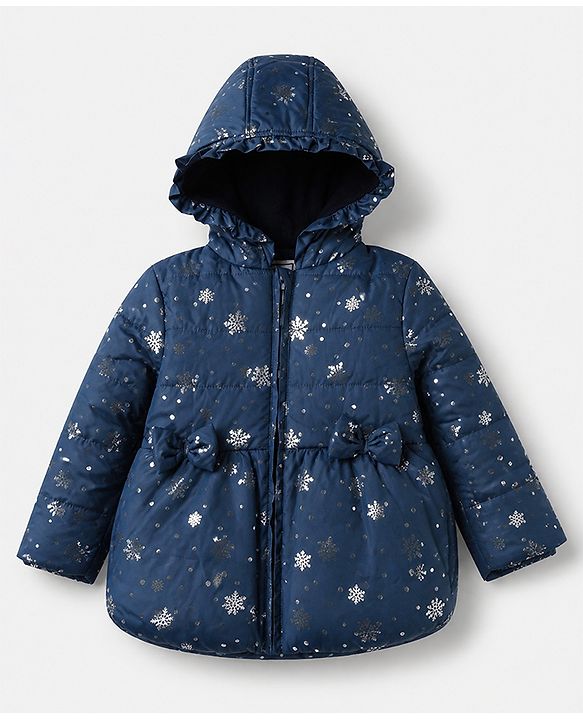 Babyhug Woven Full Sleeves Padded Hooded Winter Jacket with Snowflakes Foil Print & Bow Applique - Navy Blue