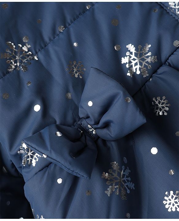 Babyhug Woven Full Sleeves Padded Hooded Winter Jacket with Snowflakes Foil Print & Bow Applique - Navy Blue