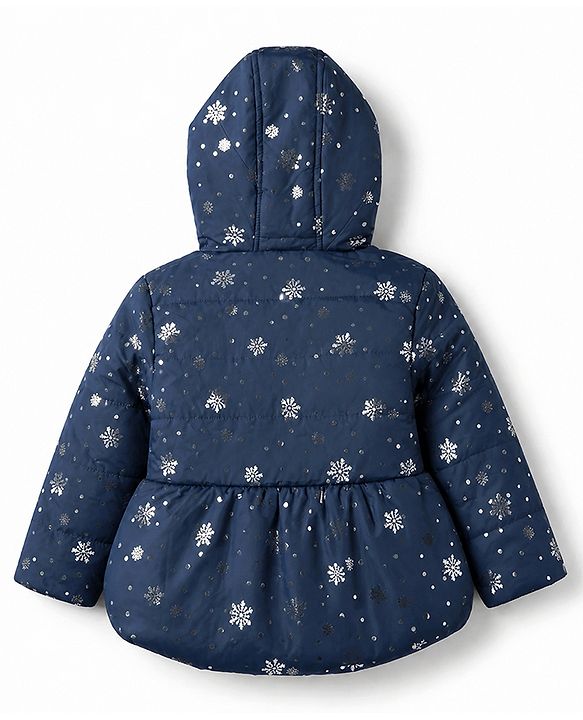 Babyhug Woven Full Sleeves Padded Hooded Winter Jacket with Snowflakes Foil Print & Bow Applique - Navy Blue