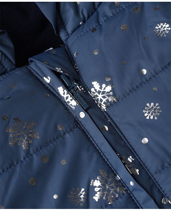 Babyhug Woven Full Sleeves Padded Hooded Winter Jacket with Snowflakes Foil Print & Bow Applique - Navy Blue