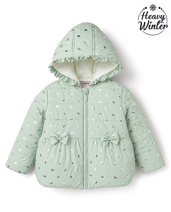 Babyhug Woven Full Sleeves Padded Hooded Jacket with Bow Applique and Hearts Print - Sea Green