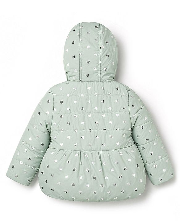 Babyhug Woven Full Sleeves Padded Hooded Jacket with Bow Applique and Hearts Print - Sea Green