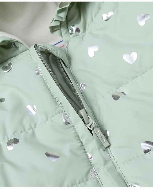 Babyhug Woven Full Sleeves Padded Hooded Jacket with Bow Applique and Hearts Print - Sea Green