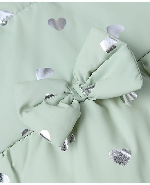 Babyhug Woven Full Sleeves Padded Hooded Jacket with Bow Applique and Hearts Print - Sea Green