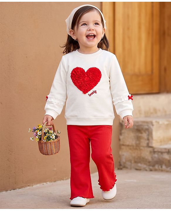 Babyhug 100% Cotton Single Jersey Knit Full Sleeves Top & Leggings Set with Heart Applique - White & Red
