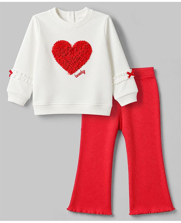 Babyhug 100% Cotton Single Jersey Knit Full Sleeves Top & Leggings Set with Heart Applique - White & Red