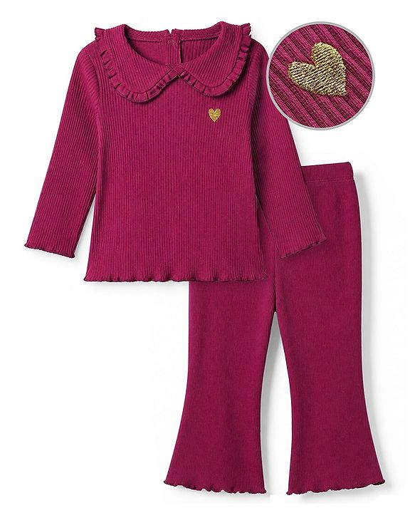 Babyhug 100% Cotton Knit Full Sleeves Top & Leggings Set With Heart Patch - Purple