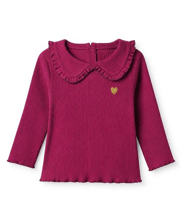 Babyhug 100% Cotton Knit Full Sleeves Top & Leggings Set With Heart Patch - Purple