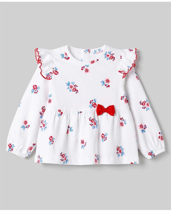 Babyhug 100% Cotton Single Jersey Knit Full Sleeves Floral Printed Top & Leggings Set - White & Red