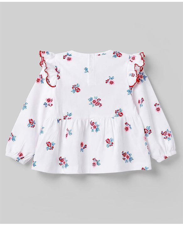 Babyhug 100% Cotton Single Jersey Knit Full Sleeves Floral Printed Top & Leggings Set - White & Red