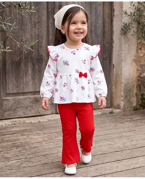 Babyhug 100% Cotton Single Jersey Knit Full Sleeves Floral Printed Top & Leggings Set - White & Red