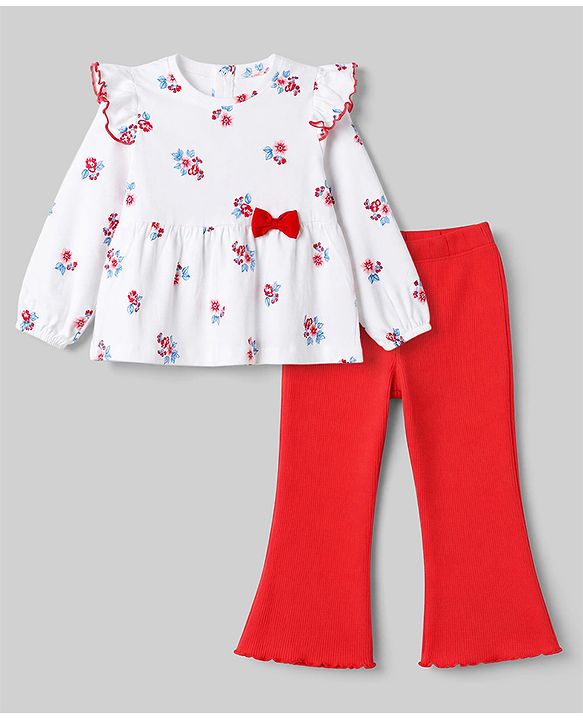 Babyhug 100% Cotton Single Jersey Knit Full Sleeves Floral Printed Top & Leggings Set - White & Red