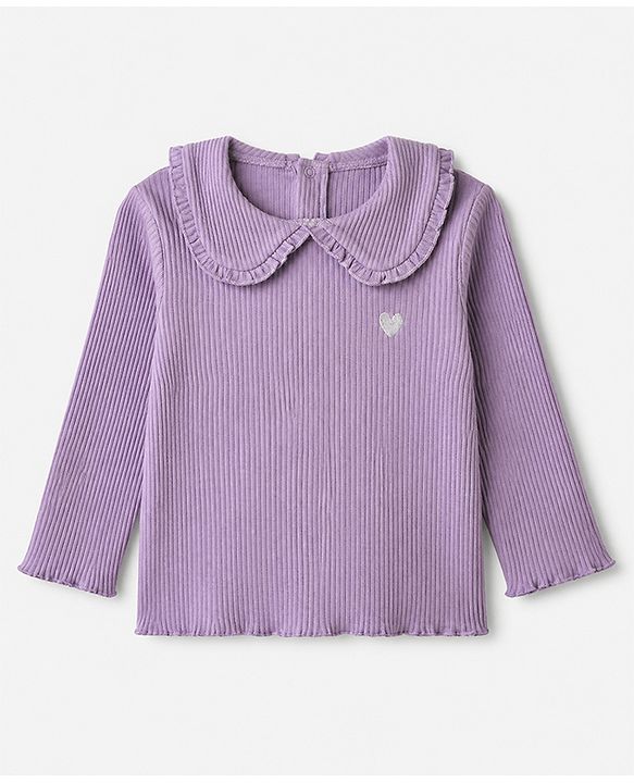 Babyhug 100% Cotton Single Jersey Knit Ribbed Full Sleeves Top and Leggings Set With Heart Embroidery - Purple