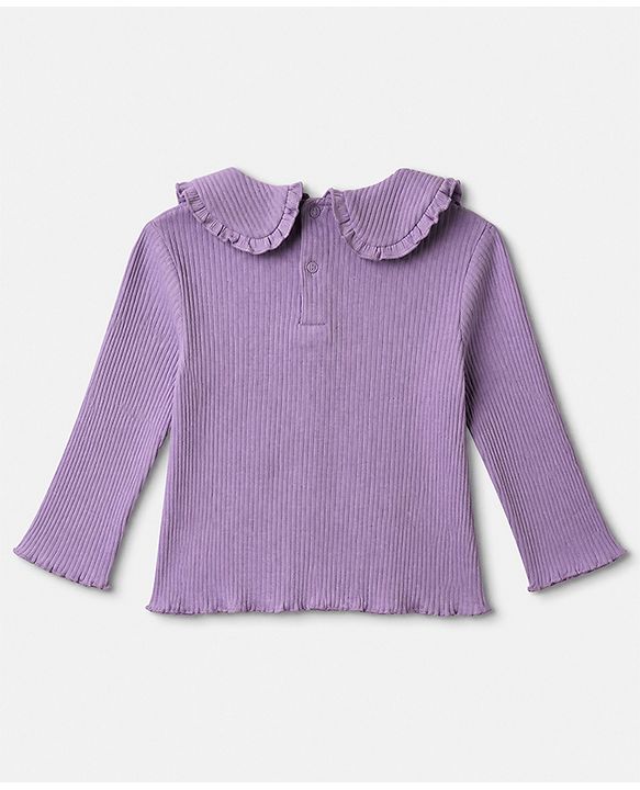 Babyhug 100% Cotton Single Jersey Knit Ribbed Full Sleeves Top and Leggings Set With Heart Embroidery - Purple