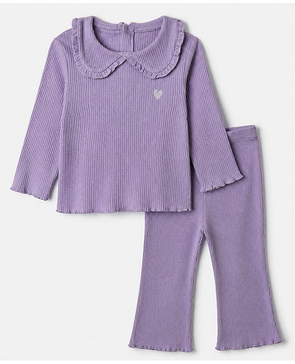 Babyhug 100% Cotton Single Jersey Knit Ribbed Full Sleeves Top and Leggings Set With Heart Embroidery - Purple