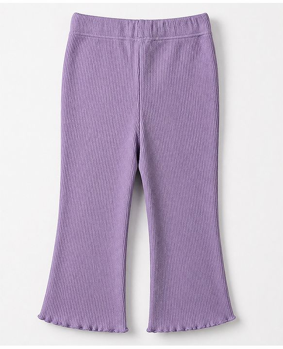 Babyhug 100% Cotton Single Jersey Knit Ribbed Full Sleeves Top and Leggings Set With Heart Embroidery - Purple