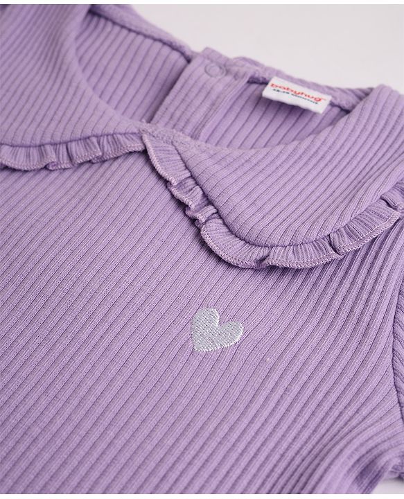 Babyhug 100% Cotton Single Jersey Knit Ribbed Full Sleeves Top and Leggings Set With Heart Embroidery - Purple