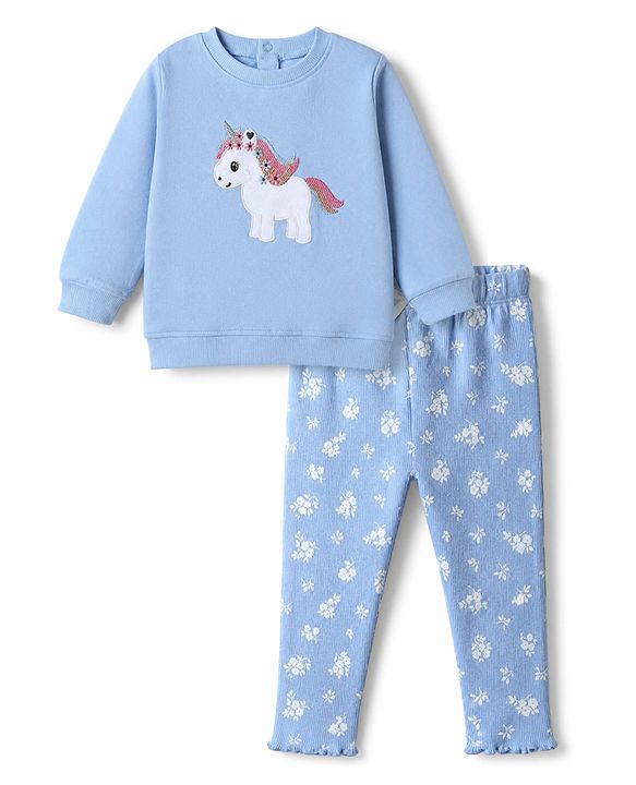Babyhug 100% Cotton Single Jersey Knit Full Sleeves Sweatshirt and Leggings Set with Unicorn Patch & Embroidery with Floral Print - Blue