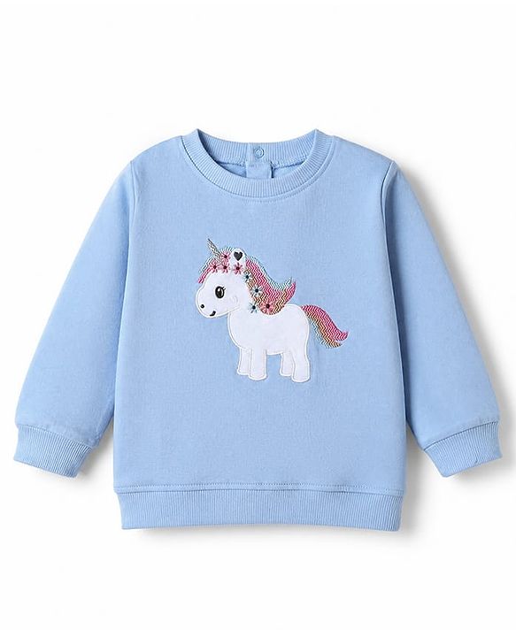 Babyhug 100% Cotton Single Jersey Knit Full Sleeves Sweatshirt and Leggings Set with Unicorn Patch & Embroidery with Floral Print - Blue