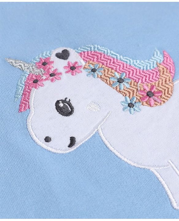 Babyhug 100% Cotton Single Jersey Knit Full Sleeves Sweatshirt and Leggings Set with Unicorn Patch & Embroidery with Floral Print - Blue