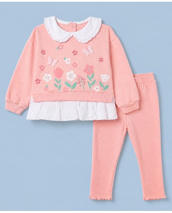 Babyhug 100% Cotton Single Jersey Knit Full Sleeves Top and Leggings with Full Length and Butterfly Applique in Pink
