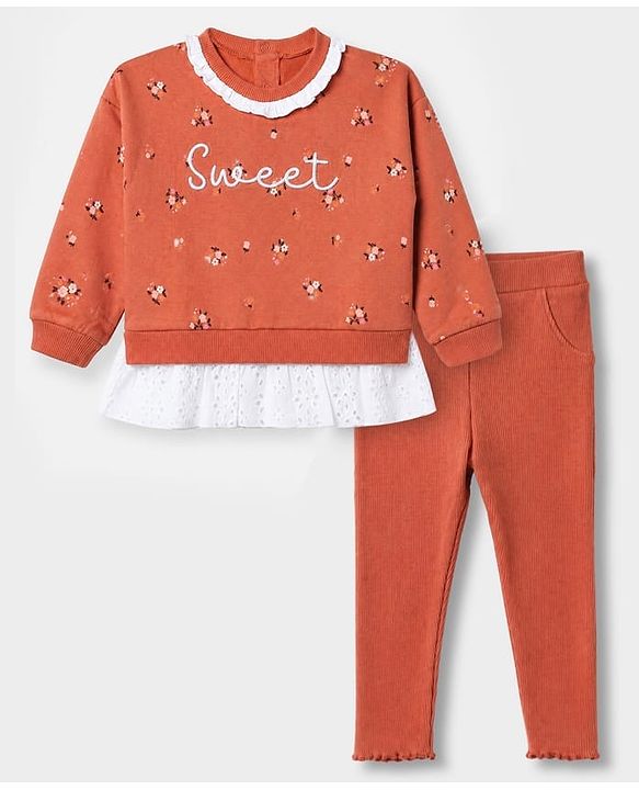 Babyhug 100% Cotton Single Jersey Full Sleeves Sweatshirt and Leggings with Full Length and Sweet Print in Brown