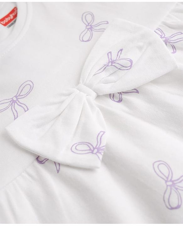 Babyhug 100% Cotton Single Jersey Knit Half Sleeves Top and Leggings Set With Bow Print - White
