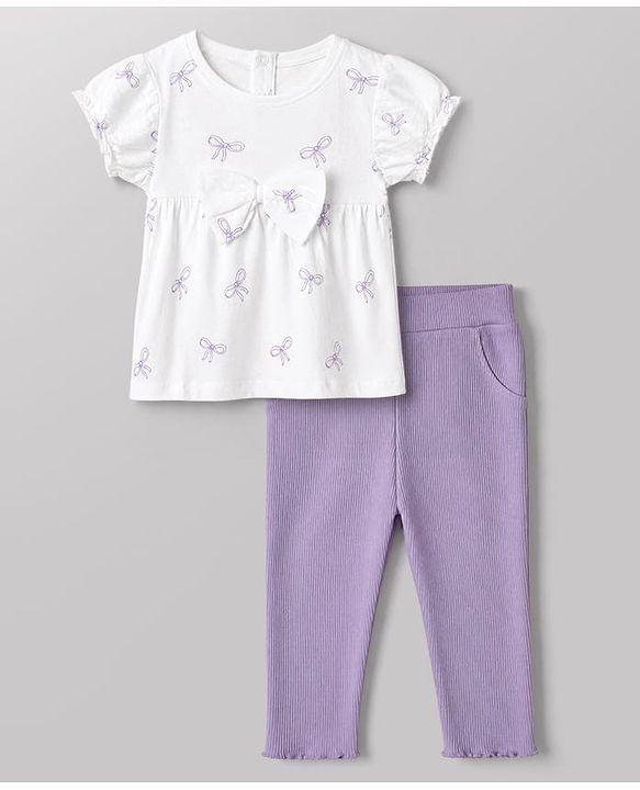 Babyhug 100% Cotton Single Jersey Knit Half Sleeves Top and Leggings Set With Bow Print - White
