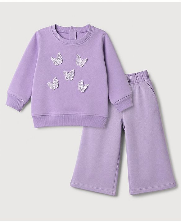 Babyhug 100% Cotton Single Jersey Knit Full Sleeves Top and Pant Set With Butterfly Applique - Lavender