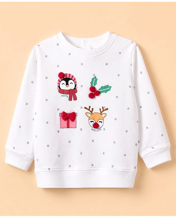 Babyhug 100% Cotton Knit Full Sleeves Top and Leggings with Penguin Reindeer Print and Bow & Polka Appliques - White & Red