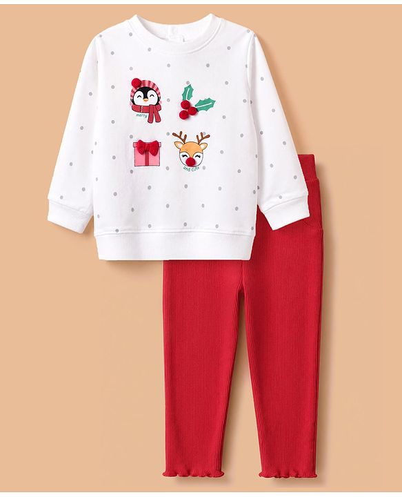 Babyhug 100% Cotton Knit Full Sleeves Top and Leggings with Penguin Reindeer Print and Bow & Polka Appliques - White & Red