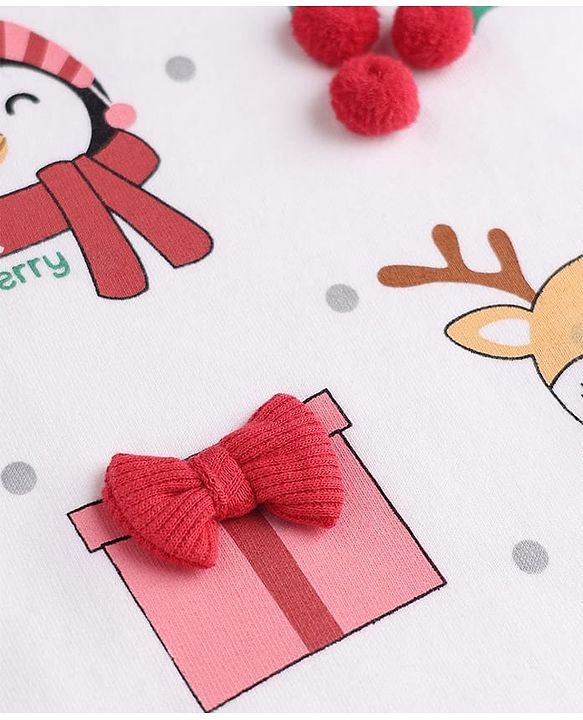 Babyhug 100% Cotton Knit Full Sleeves Top and Leggings with Penguin Reindeer Print and Bow & Polka Appliques - White & Red