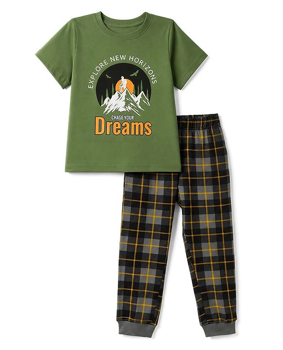 Pine Kids Cotton Knit Half Sleeves Co-Ords T-Shirt & Pyjama Night Suit with Typography & Mountain Print - Green