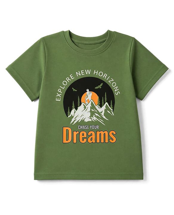 Pine Kids Cotton Knit Half Sleeves Co-Ords T-Shirt & Pyjama Night Suit with Typography & Mountain Print - Green