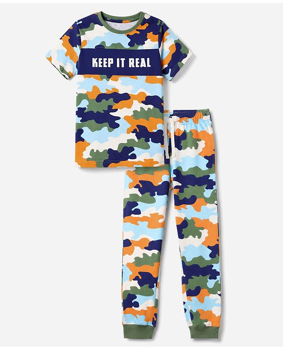 Pine Kids Cotton Knit Half Sleeves T-Shirt & Pyjama Night Suit with Military Print - Sky Blue
