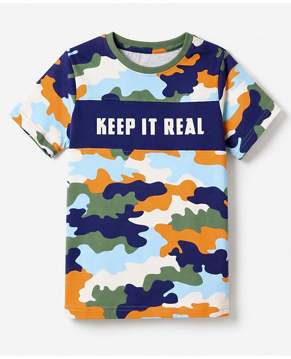 Pine Kids Cotton Knit Half Sleeves T-Shirt & Pyjama Night Suit with Military Print - Sky Blue