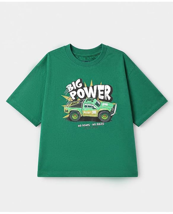 Pine Kids 100% Cotton Knit T-Shirts with Oversized and Half Sleeves Truck Print - Green