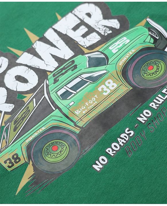 Pine Kids 100% Cotton Knit T-Shirts with Oversized and Half Sleeves Truck Print - Green