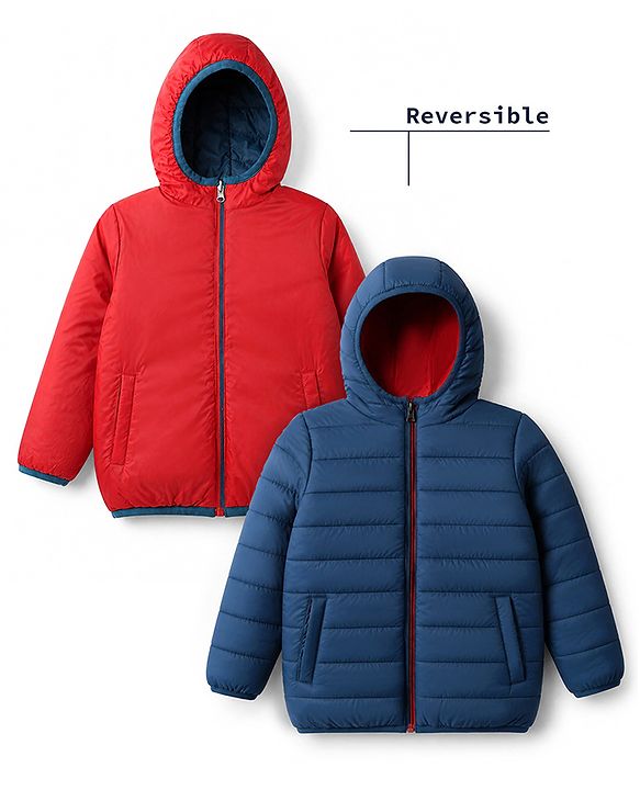 Pine Kids Woven Full Sleeves Padded Hooded Winter Reversible Jacket - Navy Blue