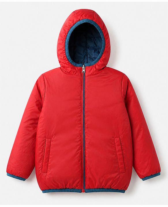 Pine Kids Woven Full Sleeves Padded Hooded Winter Reversible Jacket - Navy Blue