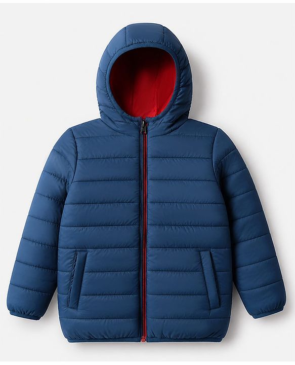 Pine Kids Woven Full Sleeves Padded Hooded Winter Reversible Jacket - Navy Blue